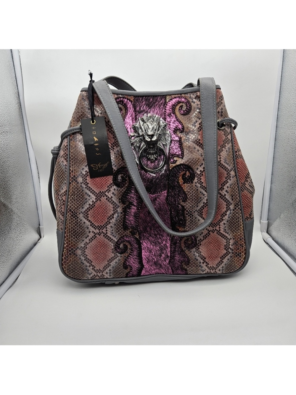 NWT Sharif 1827 Snake Print & Haircalf Lion Head Tote Bag